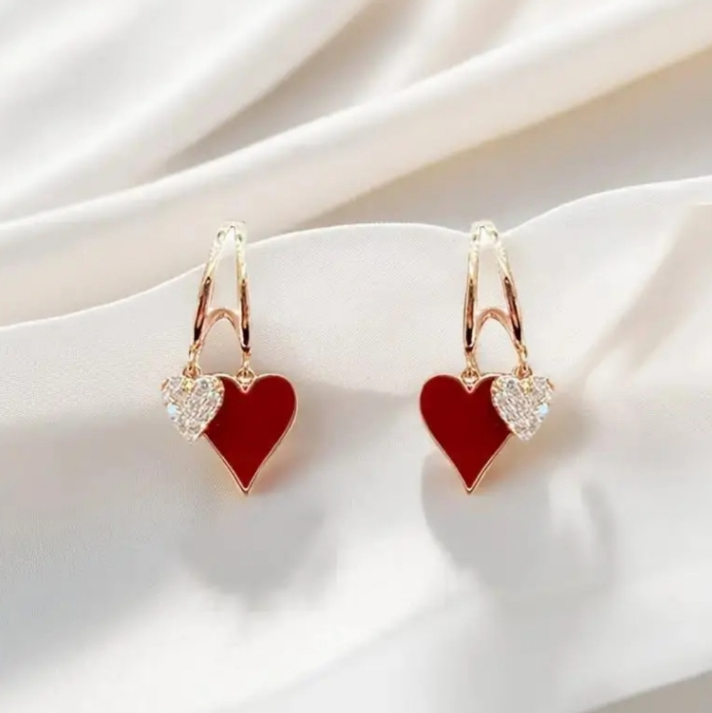 Red Heart Rhinestone Earrings - Picture 5 of 9